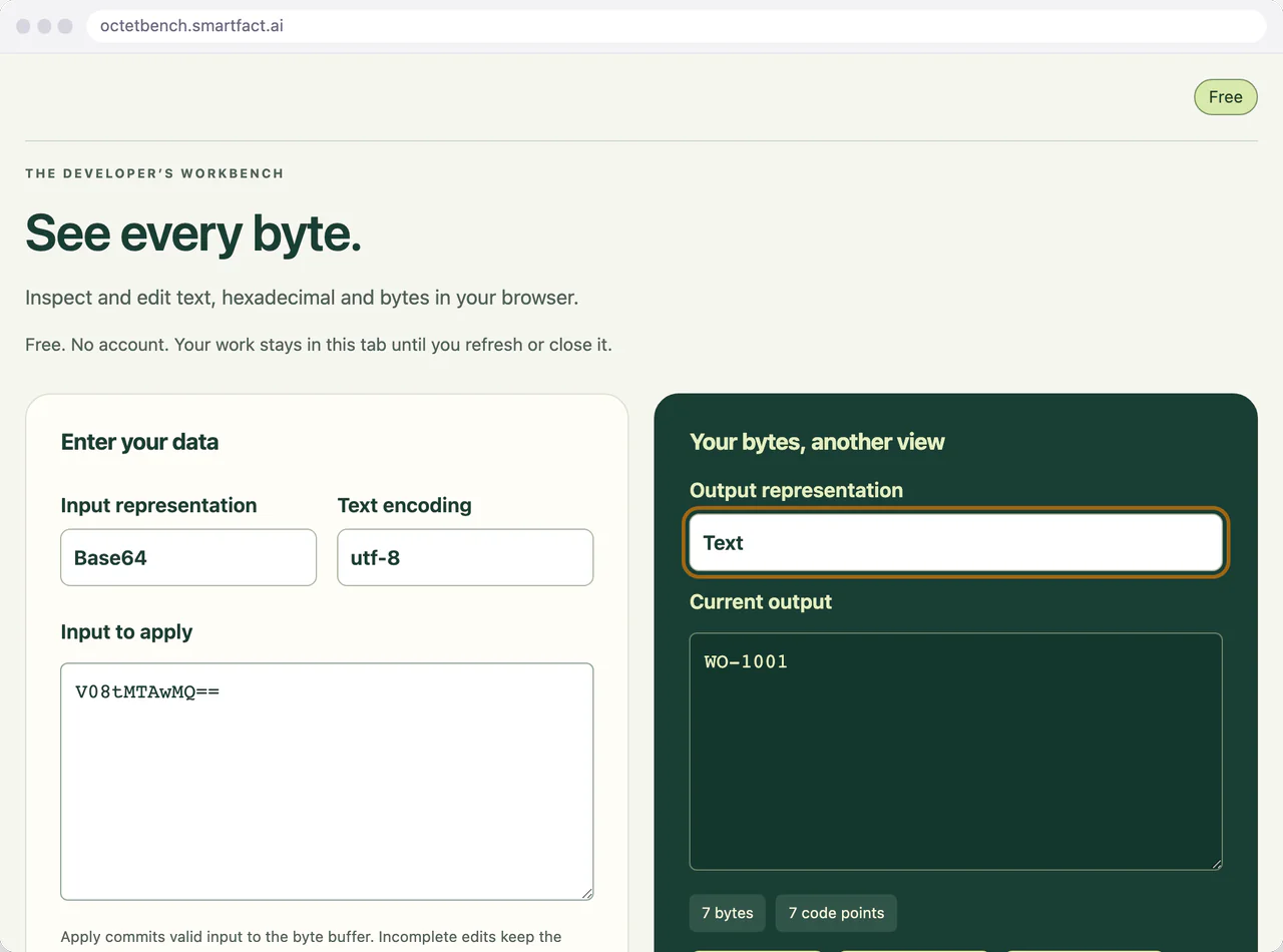 A Base64-encoded order reference decoded to text.